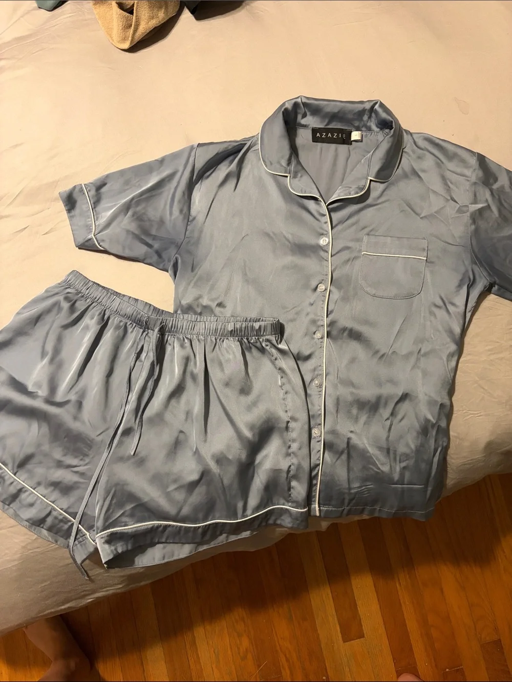 Azazie Dusty Blue Satin Short Sleeve Pajama Set